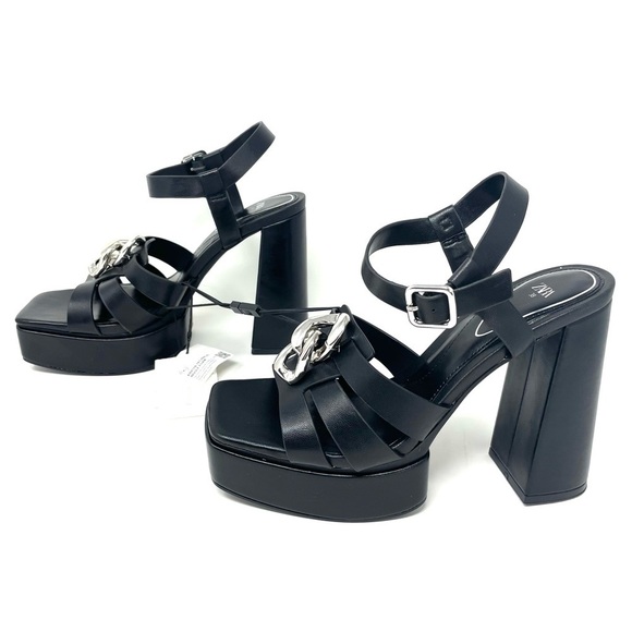 NEW Zara Black Chain Detail Chunky High Heel Platform Sandals Size 38 - Picture 7 of 10